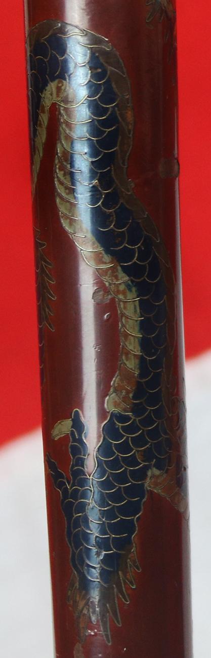 A Most Rare & Fabulous Original Antique Japanese Samurai Shikomizue Sword Stick With A Stunning Cloisonné Form Polychrome Urushi Lacquer Dragon Handle, Ken Form Mirror Bright Blade With Suguha Hamon