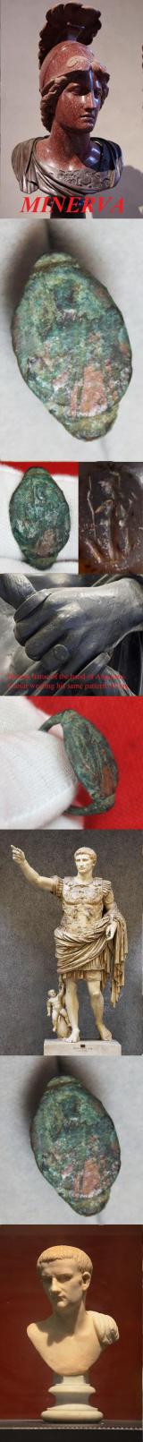 1st Century Roman Bronze Ring, Engraved Intaglio of Goddess Minerva With Her Spear & Shield, Inlaid With Red Enamel. For Such As A Roman Centurion or An Equites