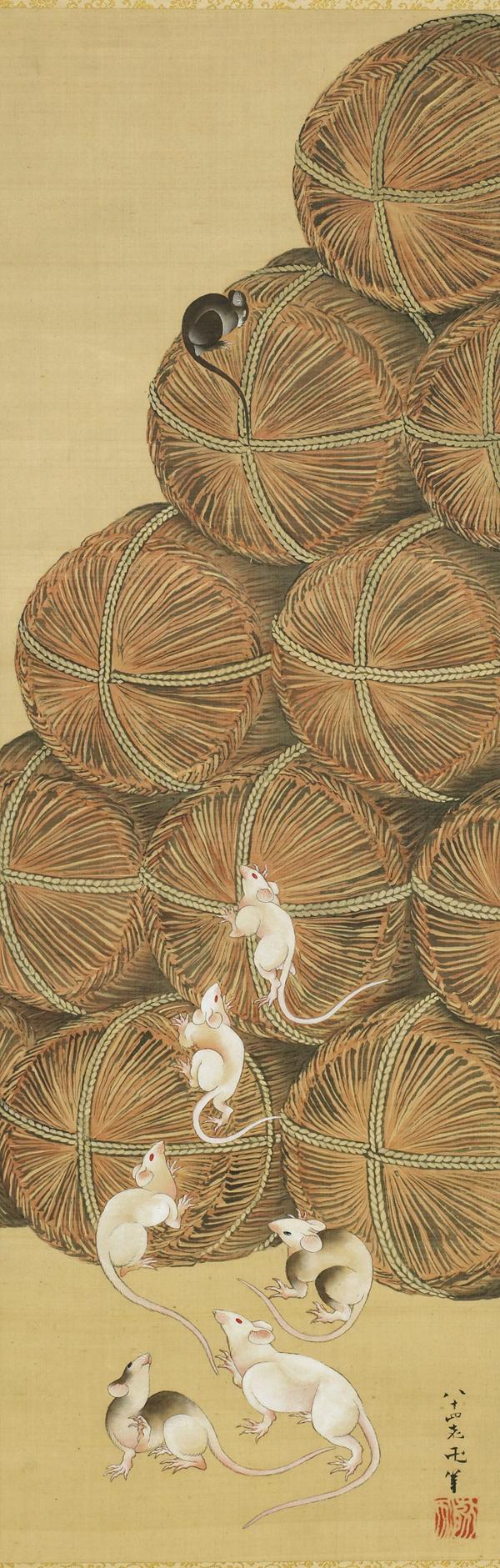 A Stunning Quality Edo Period Tanto Fuchi In Shakudo and Pure Gold. Incredible Fine Quality Chisselled Takebori Carving of Rats Around a Gold Koku Traditional Rice Bale. Signed with Kikihan