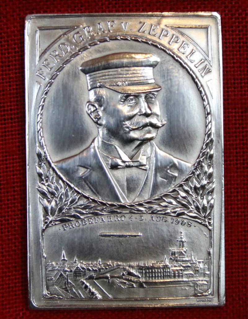 A Very Rare, Near Mint Condition Aeronautical Table Medal for The Graf Zeppelin LZ 4 Dirigible Test Flight To Strasbourg. Hallmarked Silver, {990} Plaque. Dated August 4th 5th 1908, For The Crew Of The Zeppelin That Exploded On Its Test Flight. By Lauer