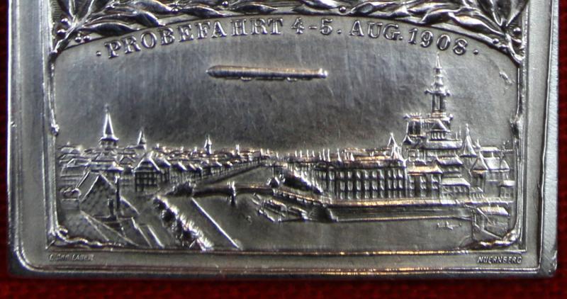 A Very Rare, Near Mint Condition Aeronautical Table Medal for The Graf Zeppelin LZ 4 Dirigible Test Flight To Strasbourg. Hallmarked Silver, {990} Plaque. Dated August 4th 5th 1908, For The Crew Of The Zeppelin That Exploded On Its Test Flight. By Lauer