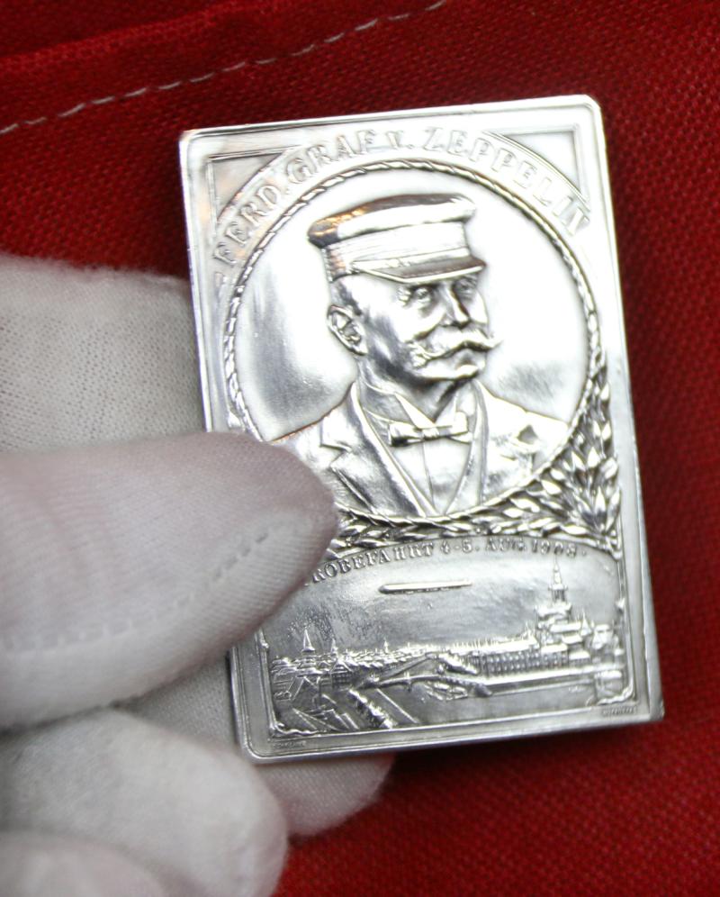 A Very Rare, Near Mint Condition Aeronautical Table Medal for The Graf Zeppelin LZ 4 Dirigible Test Flight To Strasbourg. Hallmarked Silver, {990} Plaque. Dated August 4th 5th 1908, For The Crew Of The Zeppelin That Exploded On Its Test Flight. By Lauer
