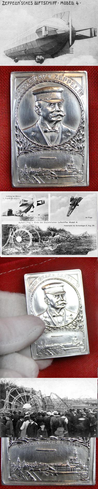 A Very Rare, Near Mint Condition Aeronautical Table Medal for The Graf Zeppelin LZ 4 Dirigible Test Flight To Strasbourg. Hallmarked Silver, {990} Plaque. Dated August 4th 5th 1908, For The Crew Of The Zeppelin That Exploded On Its Test Flight. By Lauer