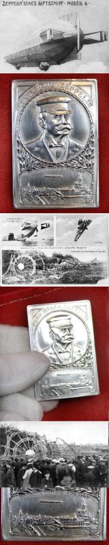 A Very Rare, Near Mint Condition Aeronautical Table Medal for The Graf Zeppelin LZ 4 Dirigible Test Flight To Strasbourg. Hallmarked Silver, {990} Plaque. Dated August 4th 5th 1908, For The Crew Of The Zeppelin That Exploded On Its Test Flight. By Lauer