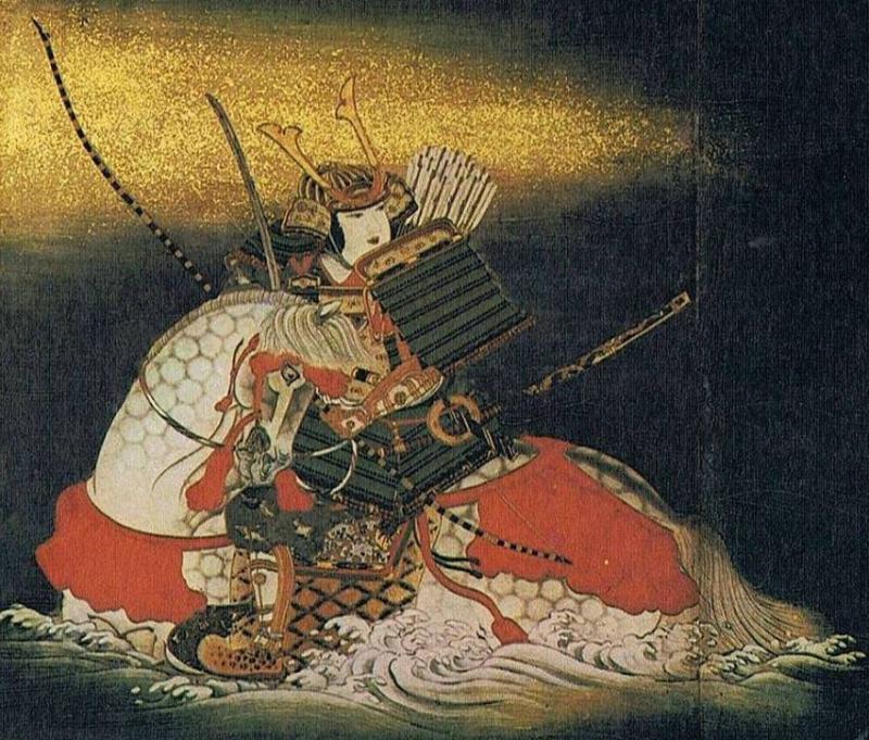 Fine Pair of Samurai Sword Mounts, A Fuchigashira In Pure Gold Onlay & Inlay On Shakudo, Soten School, Edo Period {1615-1868} Inscribed Sōheishi Nyūdō Sōten Sei. Taira Atsumori (1169-1184) Riding On Horseback Through Crashing Waves To Escape The Minamoto