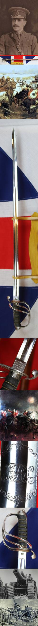 Superb, Victorian 1854 Pat. British Artillery Sword of Brigadier General Arthur Herbert Hussey. Commander of The Royal Artillery in WW1 Made by Wilkinson Sword Co. in 1882. Traditional 3 Bar Hilt Bright Polished Combat Weight Blade & F.S Scabbard