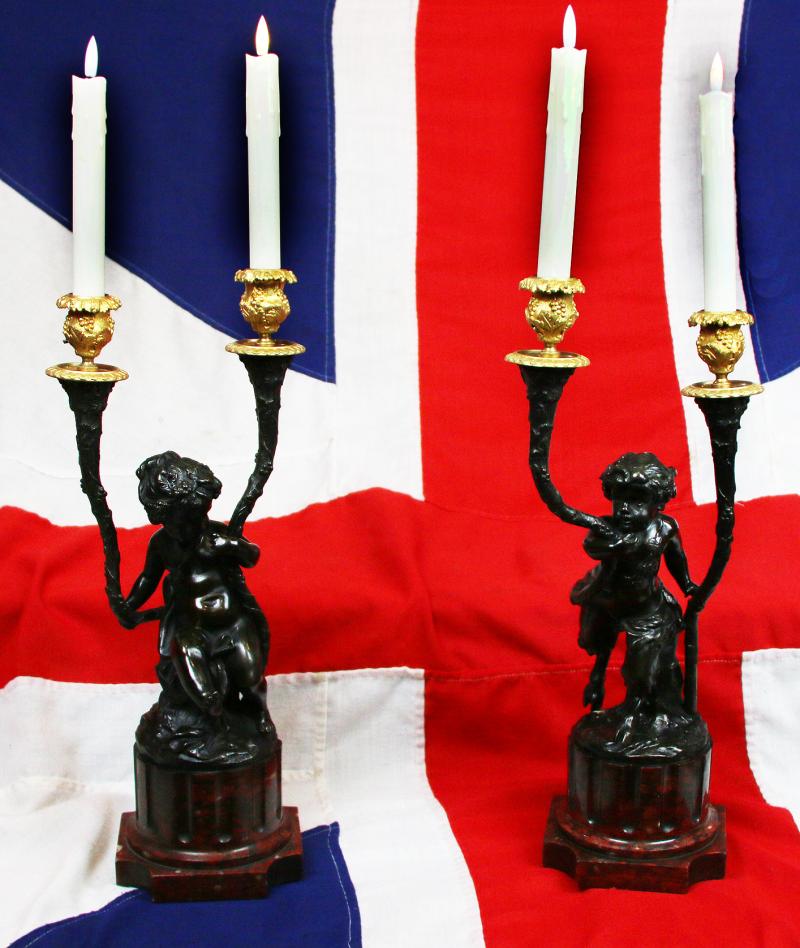 A Stunning Pair of Antique, Signed, French Rococo Patinated Bronze and Gilt Bronze Satyr & Bacchus Candelabra, Louis XVI, Signed Clodion. On Griotte Rouge Marble, Fluted & Truncated Columns