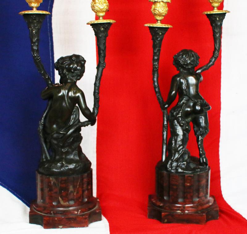 A Stunning Pair of Antique, Signed, French Rococo Patinated Bronze and Gilt Bronze Satyr & Bacchus Candelabra, Louis XVI, Signed Clodion. On Griotte Rouge Marble, Fluted & Truncated Columns