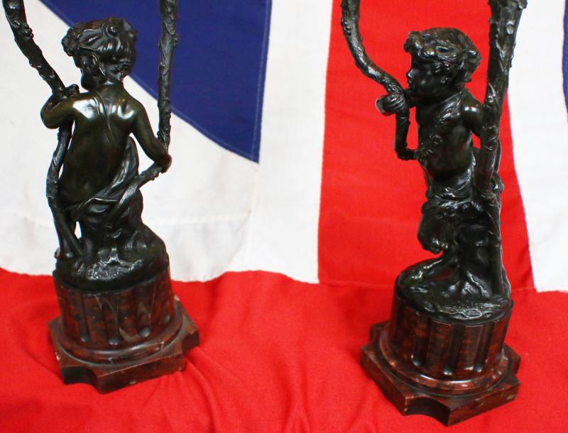 A Stunning Pair of Antique, Signed, French Rococo Patinated Bronze and Gilt Bronze Satyr & Bacchus Candelabra, Louis XVI, Signed Clodion. On Griotte Rouge Marble, Fluted & Truncated Columns