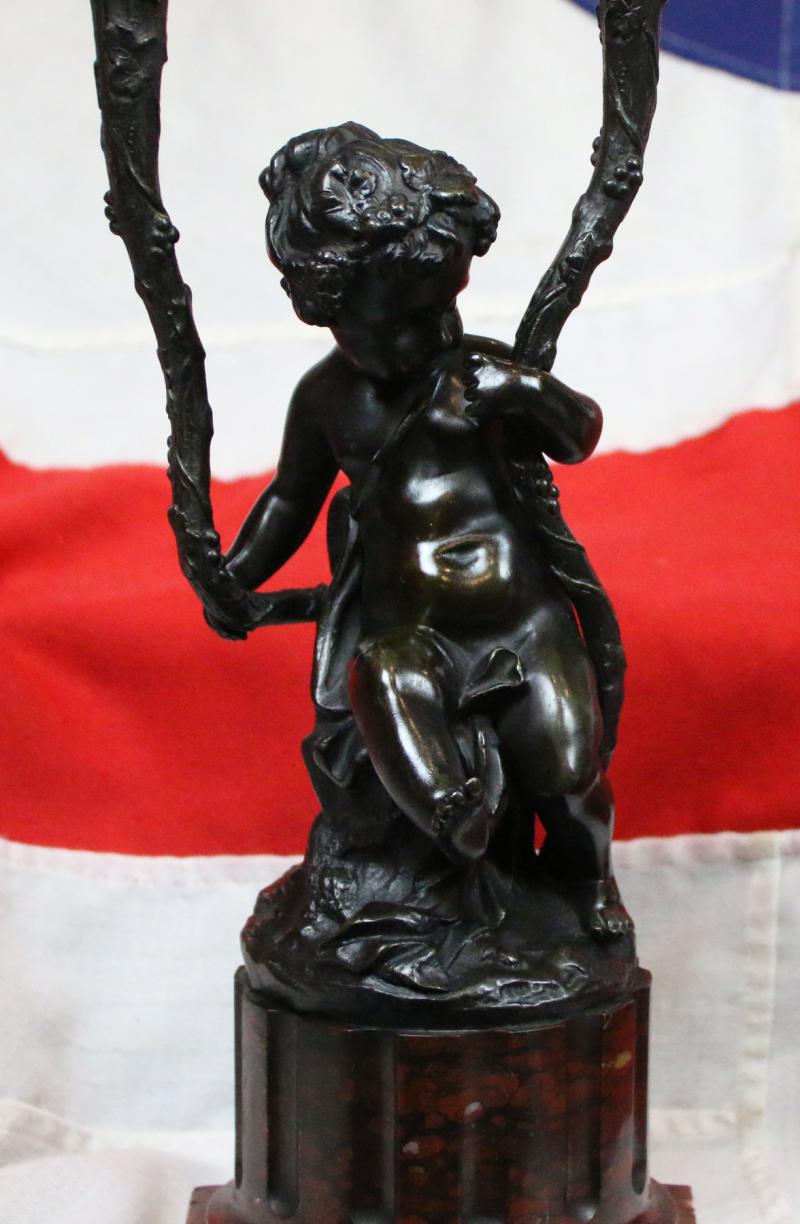 A Stunning Pair of Antique, Signed, French Rococo Patinated Bronze and Gilt Bronze Satyr & Bacchus Candelabra, Louis XVI, Signed Clodion. On Griotte Rouge Marble, Fluted & Truncated Columns