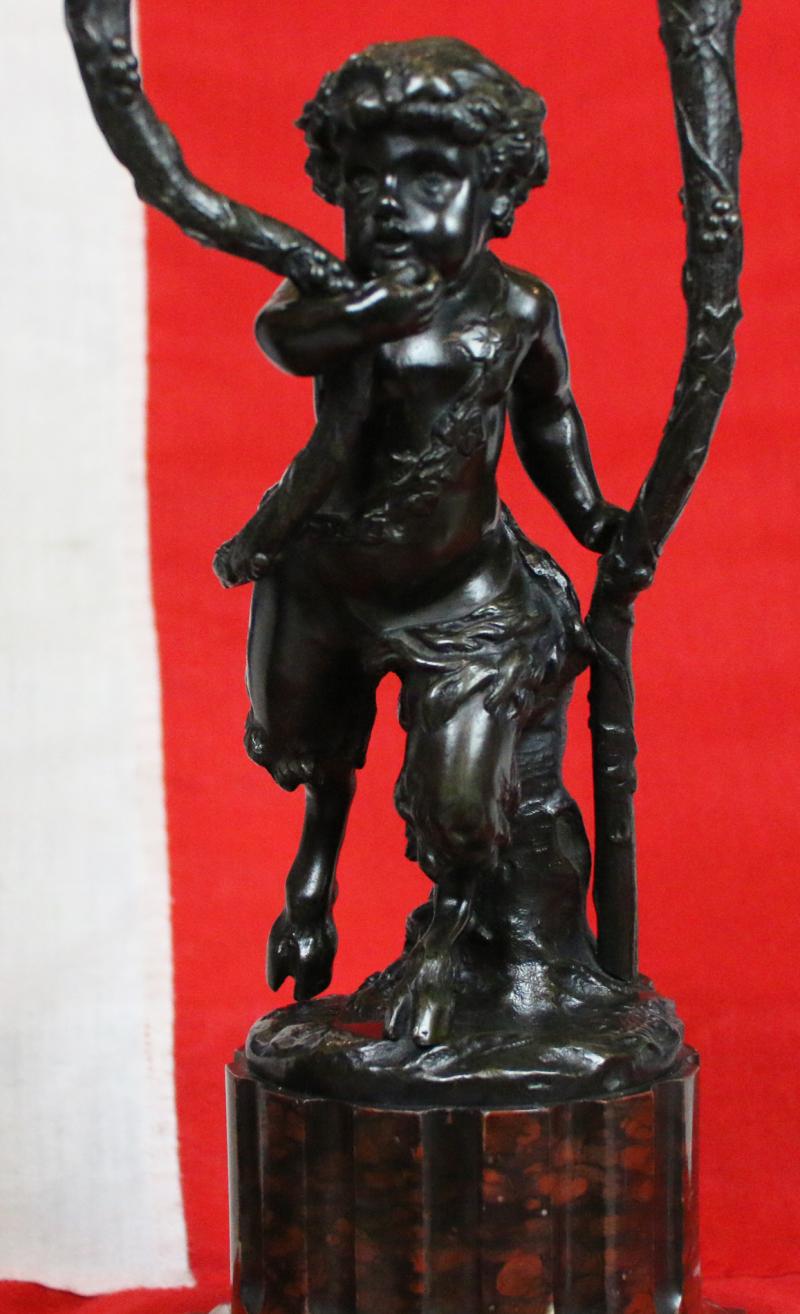 A Stunning Pair of Antique, Signed, French Rococo Patinated Bronze and Gilt Bronze Satyr & Bacchus Candelabra, Louis XVI, Signed Clodion. On Griotte Rouge Marble, Fluted & Truncated Columns