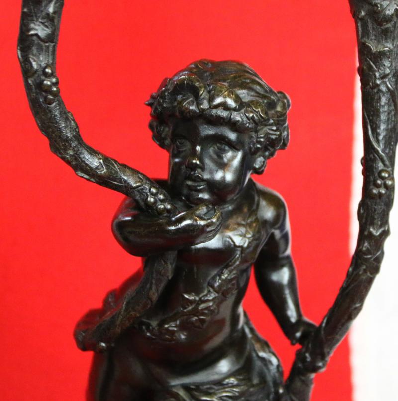 A Stunning Pair of Antique, Signed, French Rococo Patinated Bronze and Gilt Bronze Satyr & Bacchus Candelabra, Louis XVI, Signed Clodion. On Griotte Rouge Marble, Fluted & Truncated Columns