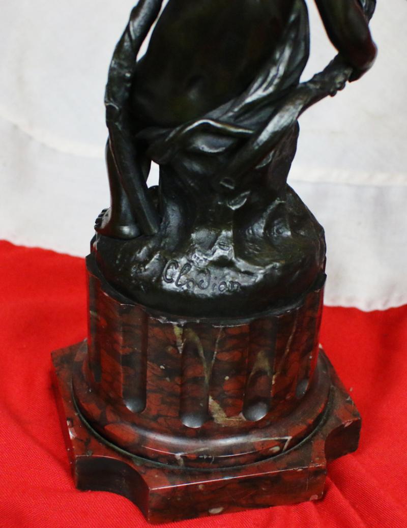 A Stunning Pair of Antique, Signed, French Rococo Patinated Bronze and Gilt Bronze Satyr & Bacchus Candelabra, Louis XVI, Signed Clodion. On Griotte Rouge Marble, Fluted & Truncated Columns