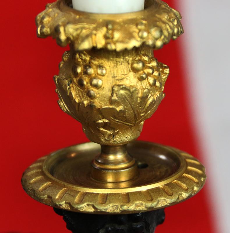 A Stunning Pair of Antique, Signed, French Rococo Patinated Bronze and Gilt Bronze Satyr & Bacchus Candelabra, Louis XVI, Signed Clodion. On Griotte Rouge Marble, Fluted & Truncated Columns