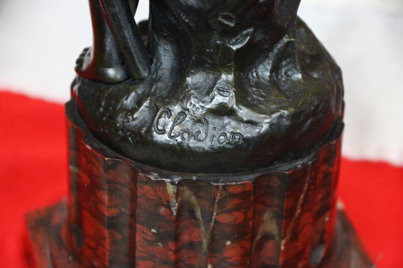 A Stunning Pair of Antique, Signed, French Rococo Patinated Bronze and Gilt Bronze Satyr & Bacchus Candelabra, Louis XVI, Signed Clodion. On Griotte Rouge Marble, Fluted & Truncated Columns