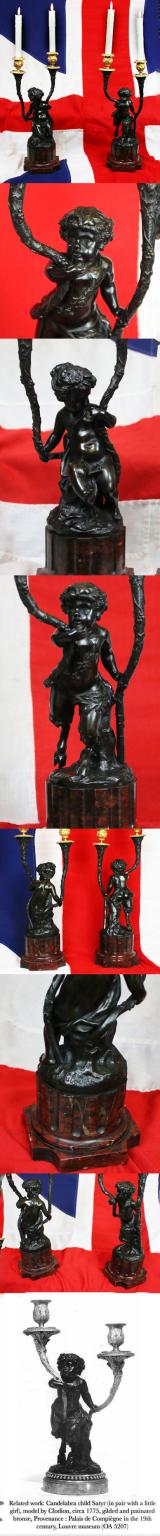 A Stunning Pair of Antique, Signed, French Rococo Patinated Bronze and Gilt Bronze Satyr & Bacchus Candelabra, Louis XVI, Signed Clodion. On Griotte Rouge Marble, Fluted & Truncated Columns