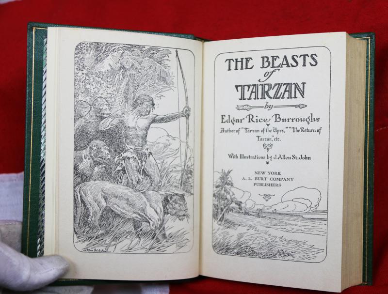 'The Beasts of Tarzan', First Edition, By Edgar Rice Burroughs -A.L.Burt & Co, New York, 1916. With Illustrations by J. Allen St. John, Bound In Full Green Morocco Leather, With Gold Tooling by Sangorski & Sutcliffe for Asprey of Bond St.London