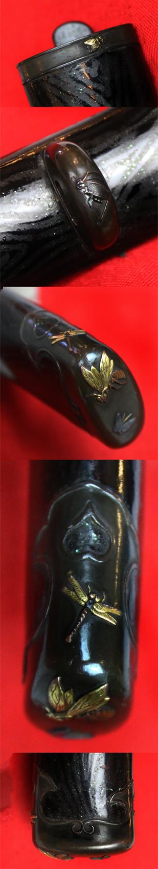 A Simply Wonderful Edo Period Samurai Tanto Museum Quality Art-Sword Decorated To The Highest Artistic Standard With Insects, in Carving, Iroe, Taka-zōgan, Zōgan, and Tsuba Inlaid with Hira Zogan with the Imperial Mon of Kiri, Paulownia Leaves