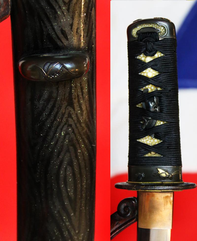 A Simply Wonderful Edo Period Samurai Tanto Museum Quality Art-Sword Decorated To The Highest Artistic Standard With Insects, in Carving, Iroe, Taka-zōgan, Zōgan, and Tsuba Inlaid with Hira Zogan with the Imperial Mon of Kiri, Paulownia Leaves