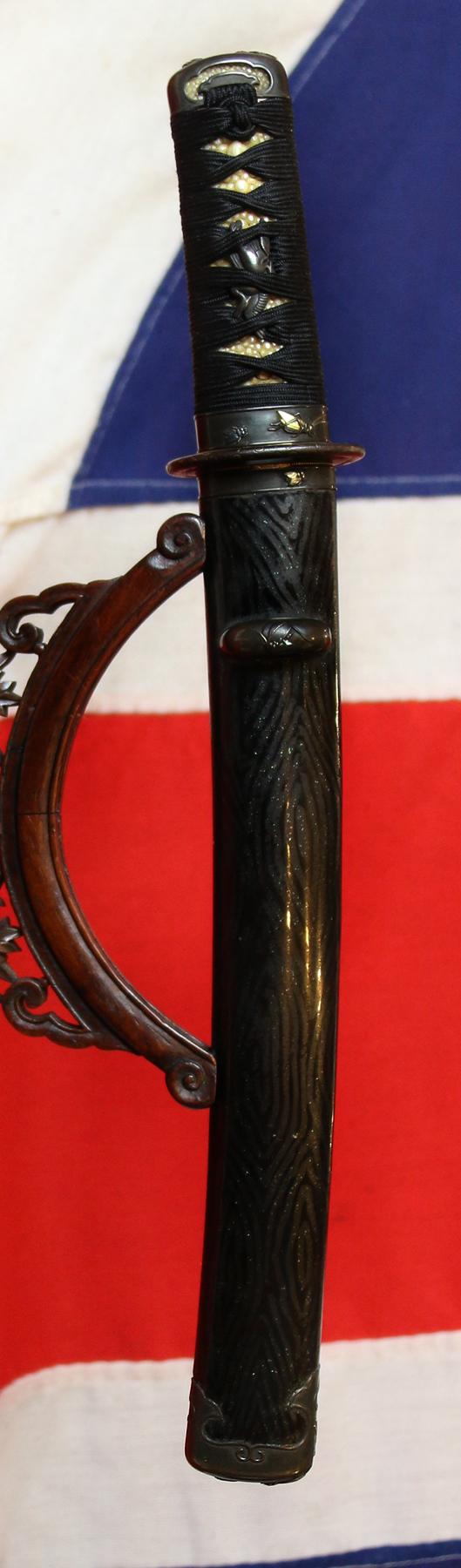 A Simply Wonderful Edo Period Samurai Tanto Museum Quality Art-Sword Decorated To The Highest Artistic Standard With Insects, in Carving, Iroe, Taka-zōgan, Zōgan, and Tsuba Inlaid with Hira Zogan with the Imperial Mon of Kiri, Paulownia Leaves