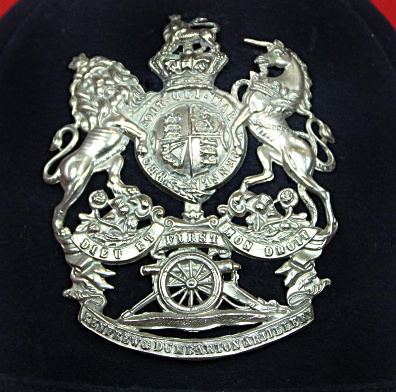 A Beautiful, Victorian, Scottish Artillery Service Helmet of the First Renfrew and Dumbarton Artillery. Blue Cloth with Silver Badge, Fittings, Ball Top, & Rose Head Curb Chain Mounts and Chin Chain