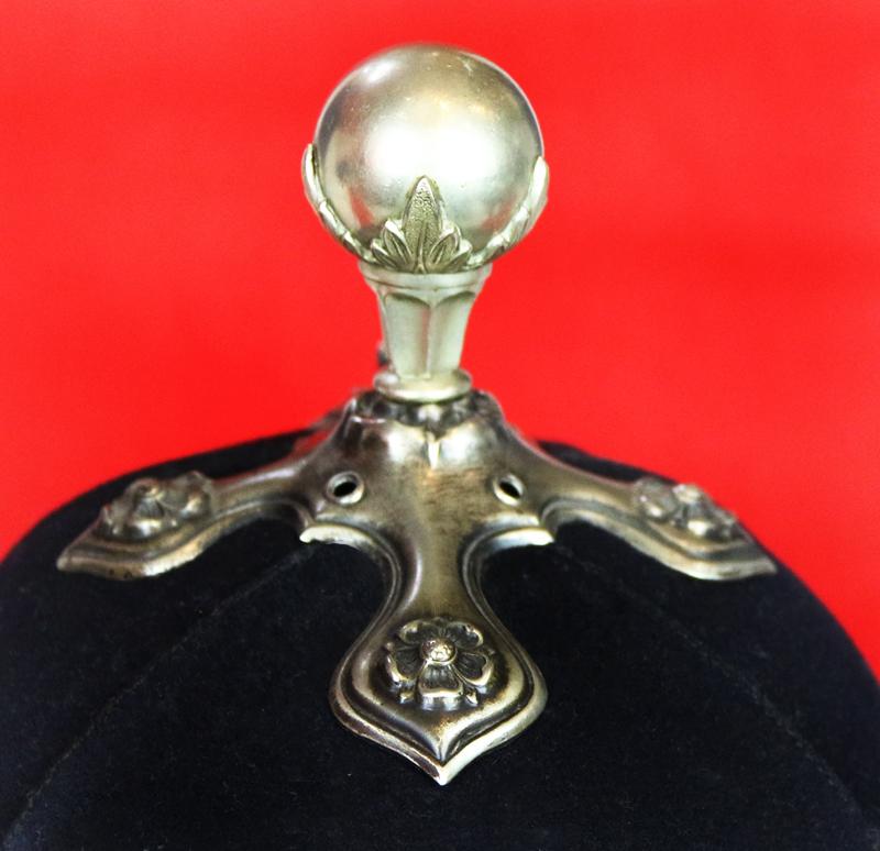 A Beautiful, Victorian, Scottish Artillery Service Helmet of the First Renfrew and Dumbarton Artillery. Blue Cloth with Silver Badge, Fittings, Ball Top, & Rose Head Curb Chain Mounts and Chin Chain