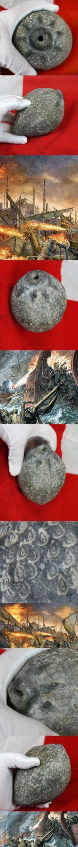 One of The Rarest We Have Ever Seen, An Early Crusades Period 10th Century, Byzantine, Ceramic Greek Fire 'Grenade' Superbly Decorated With Incised Individual Flames & A Moulded 'Ball of Fire' Decor Spout Surround. Around 1,100 Years Old