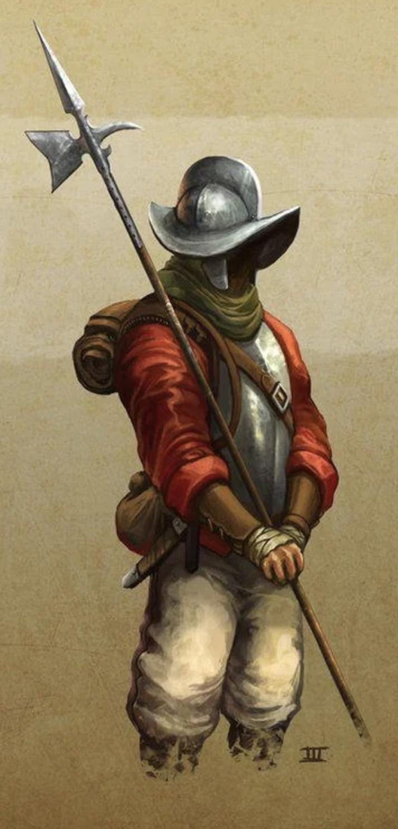 A Superb 16th Century Tudor Era Gothic Renaissance Halberd, Queen Elizabeth Ist Period. Traditional Iron Head With Tall Central Spike With A Twin Bird's-Head Axe Blade & Sharp Flat Hook Counter Blade. With Original 7ft Studded Haft