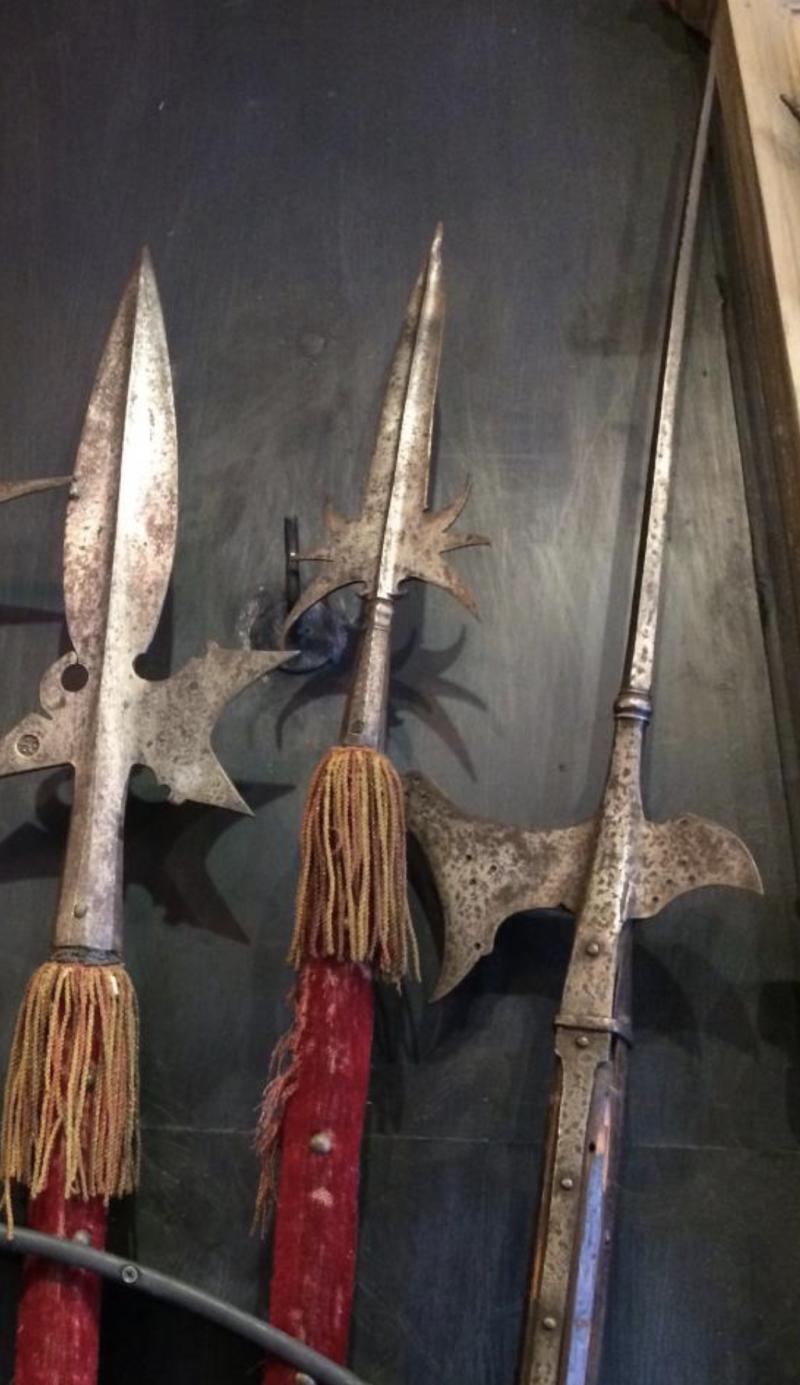 A Superb 16th Century Tudor Era Gothic Renaissance Halberd, Queen Elizabeth Ist Period. Traditional Iron Head With Tall Central Spike With A Twin Bird's-Head Axe Blade & Sharp Flat Hook Counter Blade. With Original 7ft Studded Haft