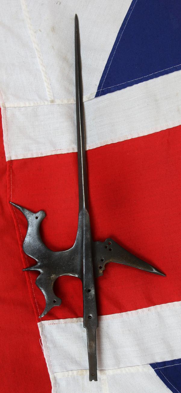 A Superb 16th Century Tudor Era Gothic Renaissance Halberd, Queen Elizabeth Ist Period. Traditional Iron Head With Tall Central Spike With A Twin Bird's-Head Axe Blade & Sharp Flat Hook Counter Blade. With Original 7ft Studded Haft