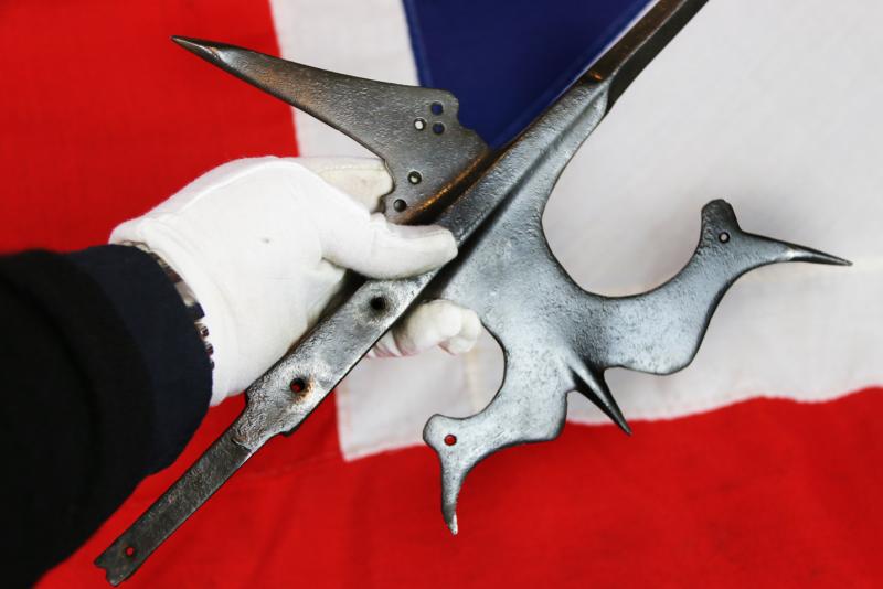 A Superb 16th Century Tudor Era Gothic Renaissance Halberd, Queen Elizabeth Ist Period. Traditional Iron Head With Tall Central Spike With A Twin Bird's-Head Axe Blade & Sharp Flat Hook Counter Blade. With Original 7ft Studded Haft