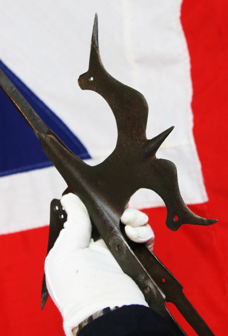 A Superb 16th Century Tudor Era Gothic Renaissance Halberd, Queen Elizabeth Ist Period. Traditional Iron Head With Tall Central Spike With A Twin Bird's-Head Axe Blade & Sharp Flat Hook Counter Blade. With Original 7ft Studded Haft