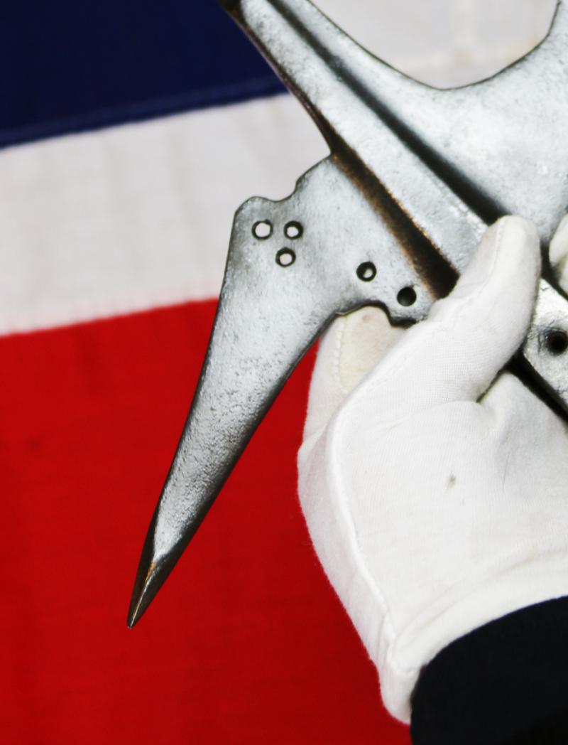 A Superb 16th Century Tudor Era Gothic Renaissance Halberd, Queen Elizabeth Ist Period. Traditional Iron Head With Tall Central Spike With A Twin Bird's-Head Axe Blade & Sharp Flat Hook Counter Blade. With Original 7ft Studded Haft