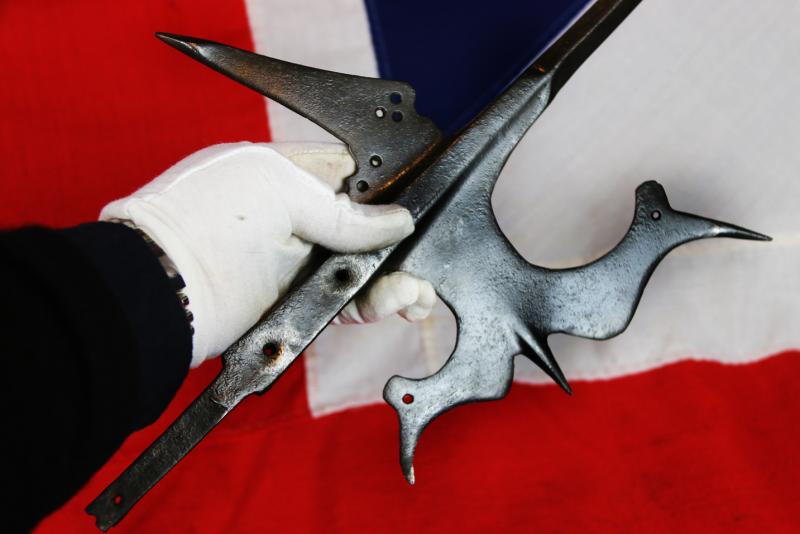 A Superb 16th Century Tudor Era Gothic Renaissance Halberd, Queen Elizabeth Ist Period. Traditional Iron Head With Tall Central Spike With A Twin Bird's-Head Axe Blade & Sharp Flat Hook Counter Blade. With Original 7ft Studded Haft