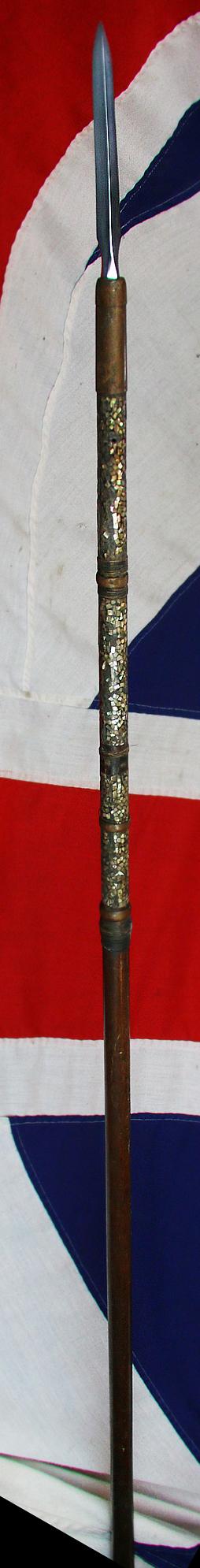 A Fine Edo Period {1600-1868} Samurai Pole Arm Yari, A Hira Sankaku Yari, The Samurai's Combat Lance With Full Tang and its Original Long Haft With Abilone Shell Decor