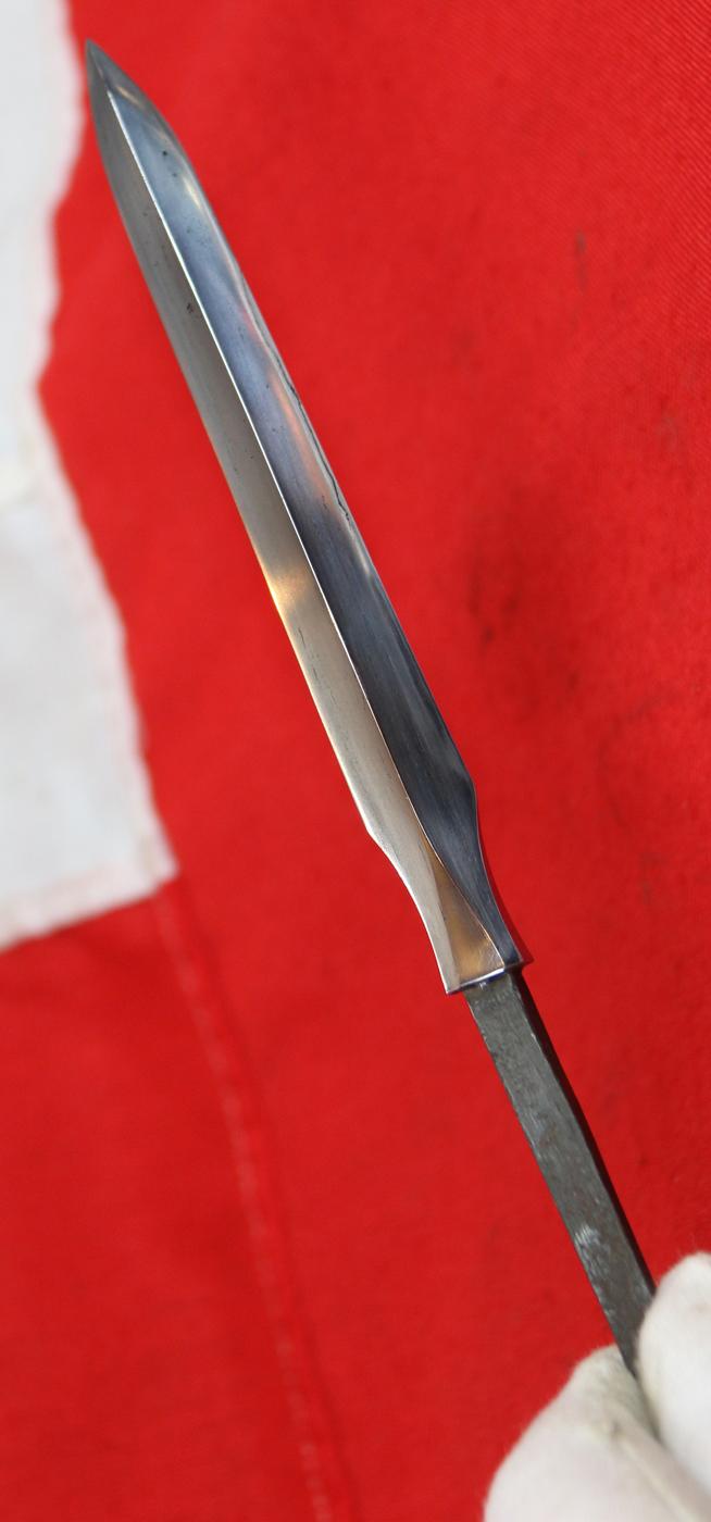 A Fine Edo Period {1600-1868} Samurai Pole Arm Yari, A Hira Sankaku Yari, The Samurai's Combat Lance With Full Tang and its Original Long Haft With Abilone Shell Decor