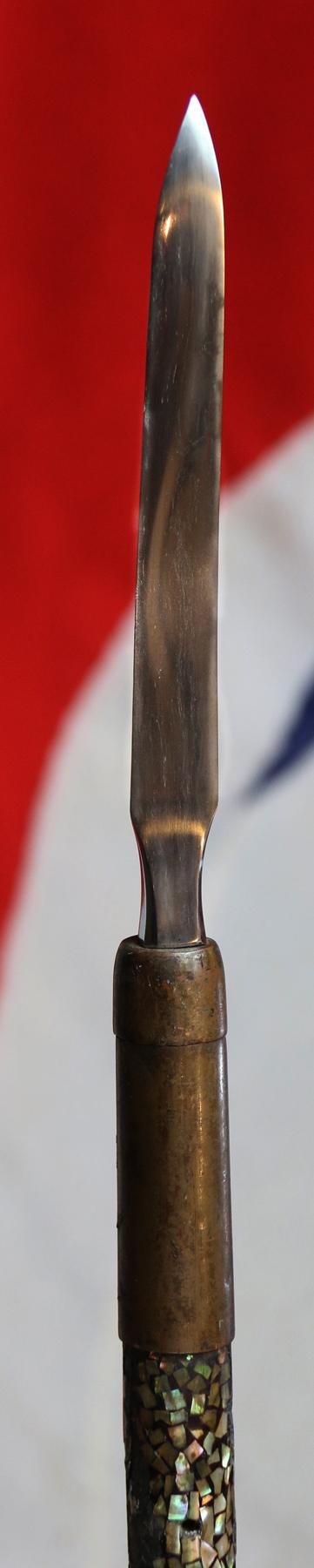 A Fine Edo Period {1600-1868} Samurai Pole Arm Yari, A Hira Sankaku Yari, The Samurai's Combat Lance With Full Tang and its Original Long Haft With Abilone Shell Decor