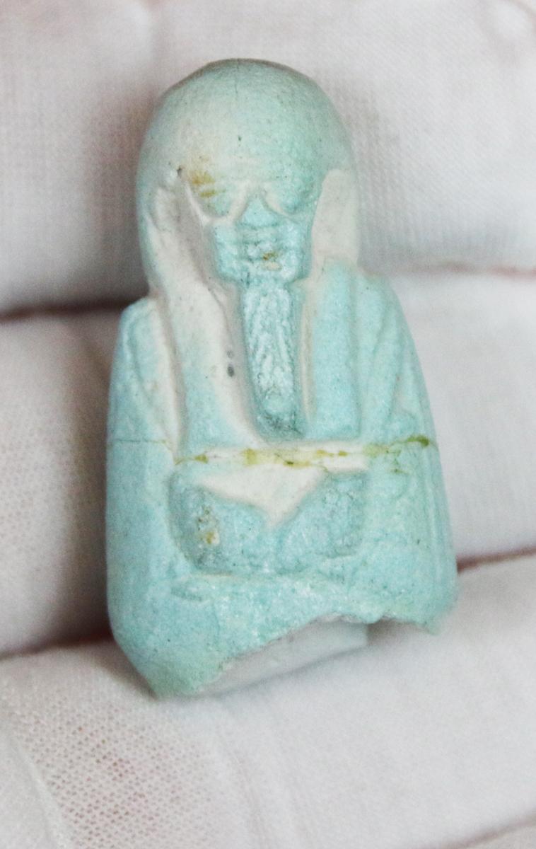 A Finely Detailed Original Ancient Egyptian Shabti a Representation of a Mummified Human Tomb Figure, The Afterlife Servant of the Mummy, in Faience Blue Glazed Late Period, Dynasty XXVI, 664-525 B. C. From the Tomb of the Female Owner Bastet-ir-dis