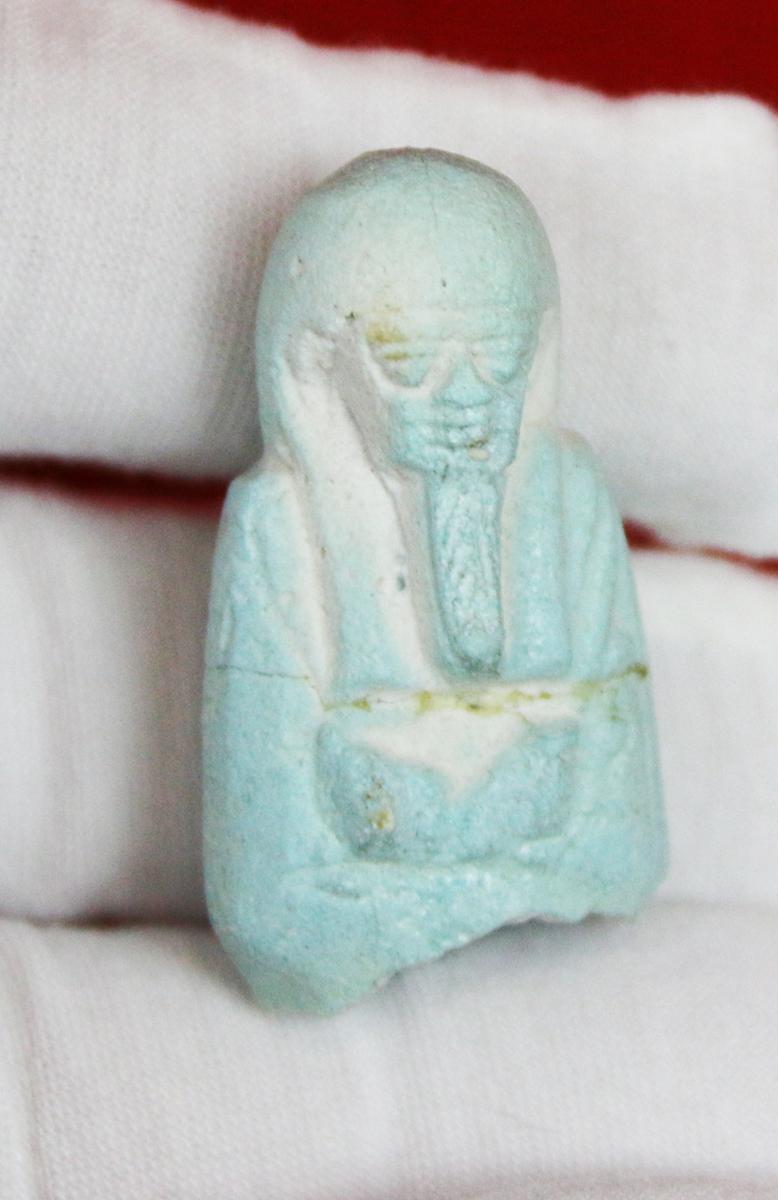 A Finely Detailed Original Ancient Egyptian Shabti a Representation of a Mummified Human Tomb Figure, The Afterlife Servant of the Mummy, in Faience Blue Glazed Late Period, Dynasty XXVI, 664-525 B. C. From the Tomb of the Female Owner Bastet-ir-dis