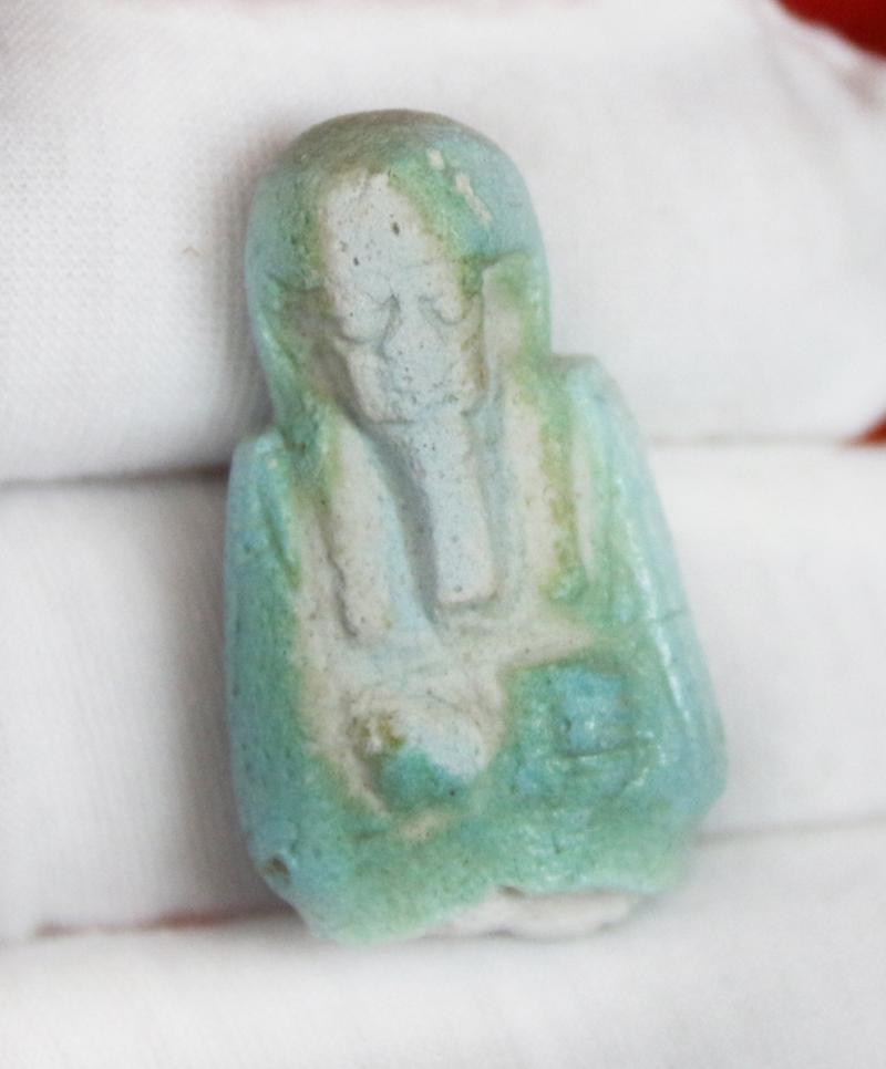 A Finally Detailed Original Ancient Egyptian Shabti a Representation of a Mummified Human Tomb Figure, The Afterlife Servant of the Mummy, in Faience Blue Glazed Late Period, Dynasty XXVI, 664-525 B. C. From the Tomb of the Female Owner Bastet-ir-dis