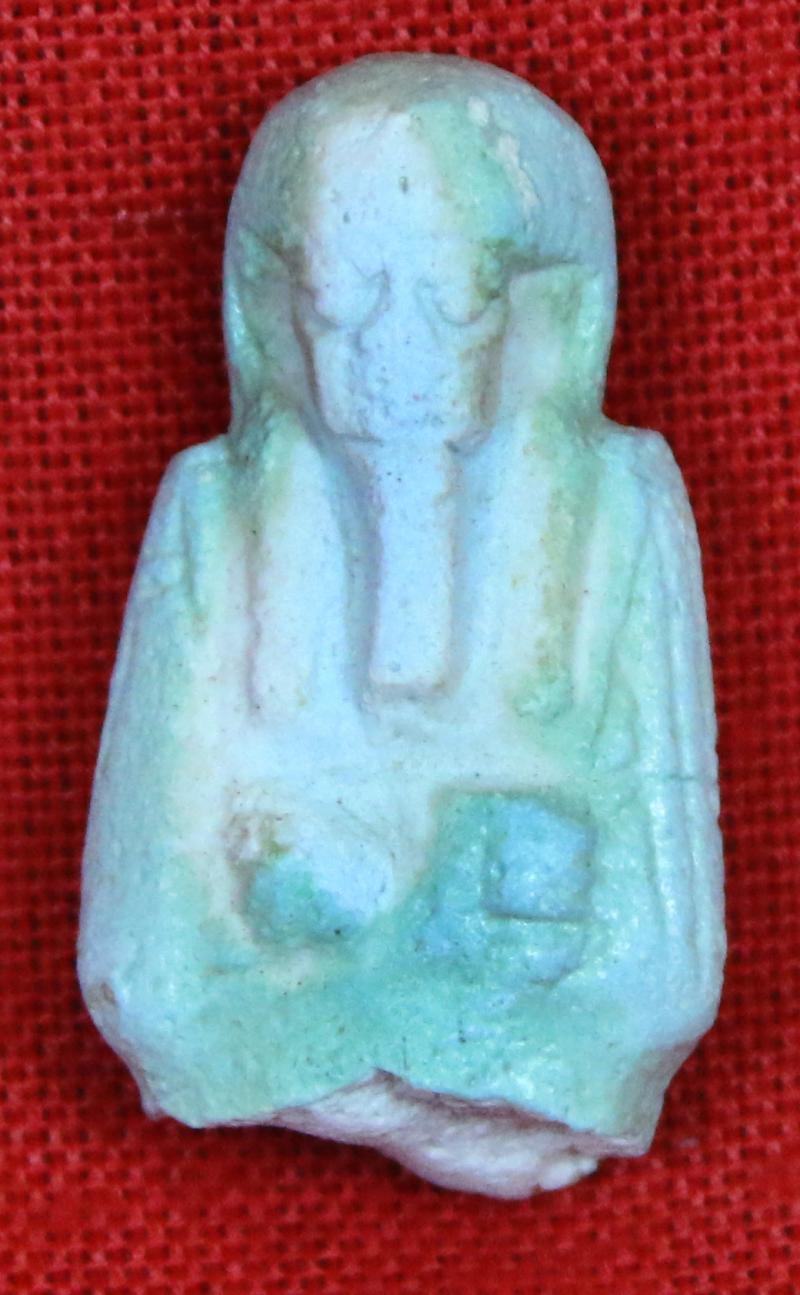 A Finally Detailed Original Ancient Egyptian Shabti a Representation of a Mummified Human Tomb Figure, The Afterlife Servant of the Mummy, in Faience Blue Glazed Late Period, Dynasty XXVI, 664-525 B. C. From the Tomb of the Female Owner Bastet-ir-dis
