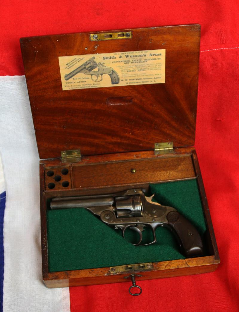 A Rare, and Most Attractive Early Model Antique Smith & Wesson Mahoghany Cased .38 Cal. Double Action 5 Shot Revolver. Rare Three Figure Serial Number Circa 1880