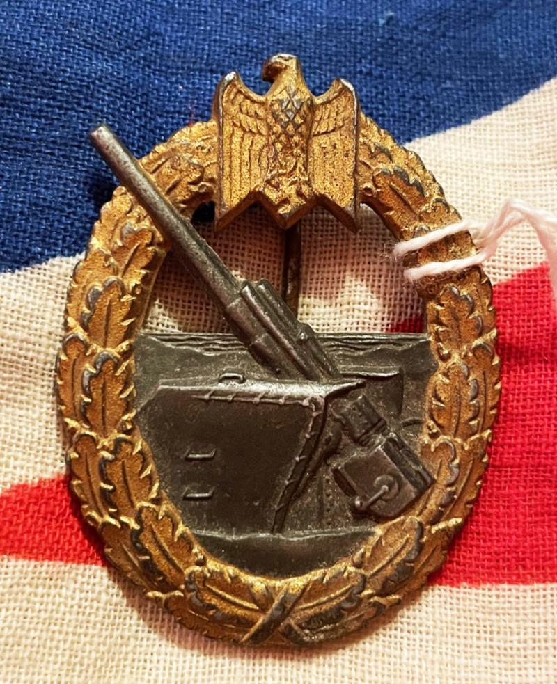 A Very Good Original, WW2, Kriegsmarine Coastal Artillery Combat Badge Kriegsabzeichen für die Marineartillerie By Friedrich Linden of Lüdenscheid. From One Of Ian Fleming’s Naval Intelligence Section’s So Called ‘Red Indians’ 30 Commando Special Engineer