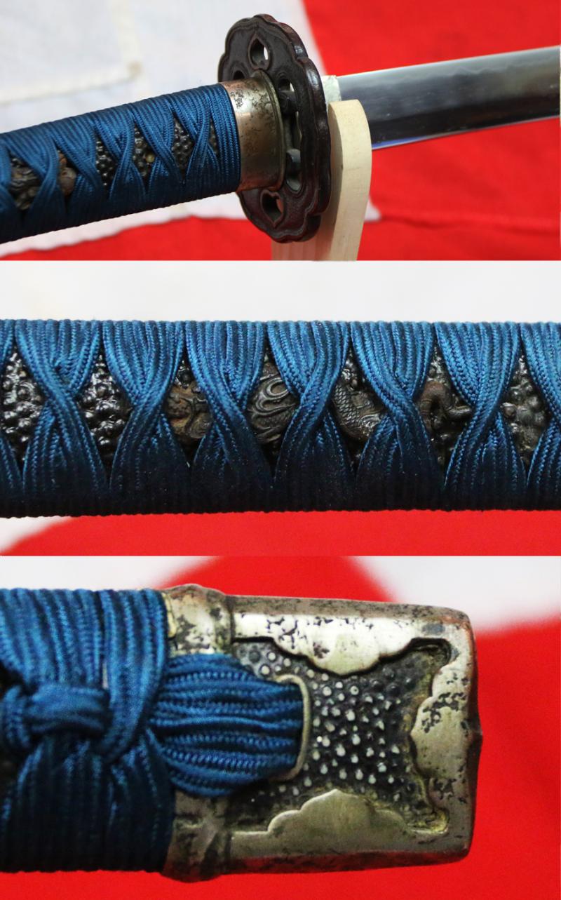 An Ancient Koto Period Samurai Sword, Almost 600 Years old, From The Sengoku Jidai. A Handachi Mounted Katana, With Beautiful Deep Red Ishime Urushi Lacquer Saya, Contrasted With Spectacular Green-Blue Silk Tsuka-ito, Set With Hammered Silver Onlaid Mount