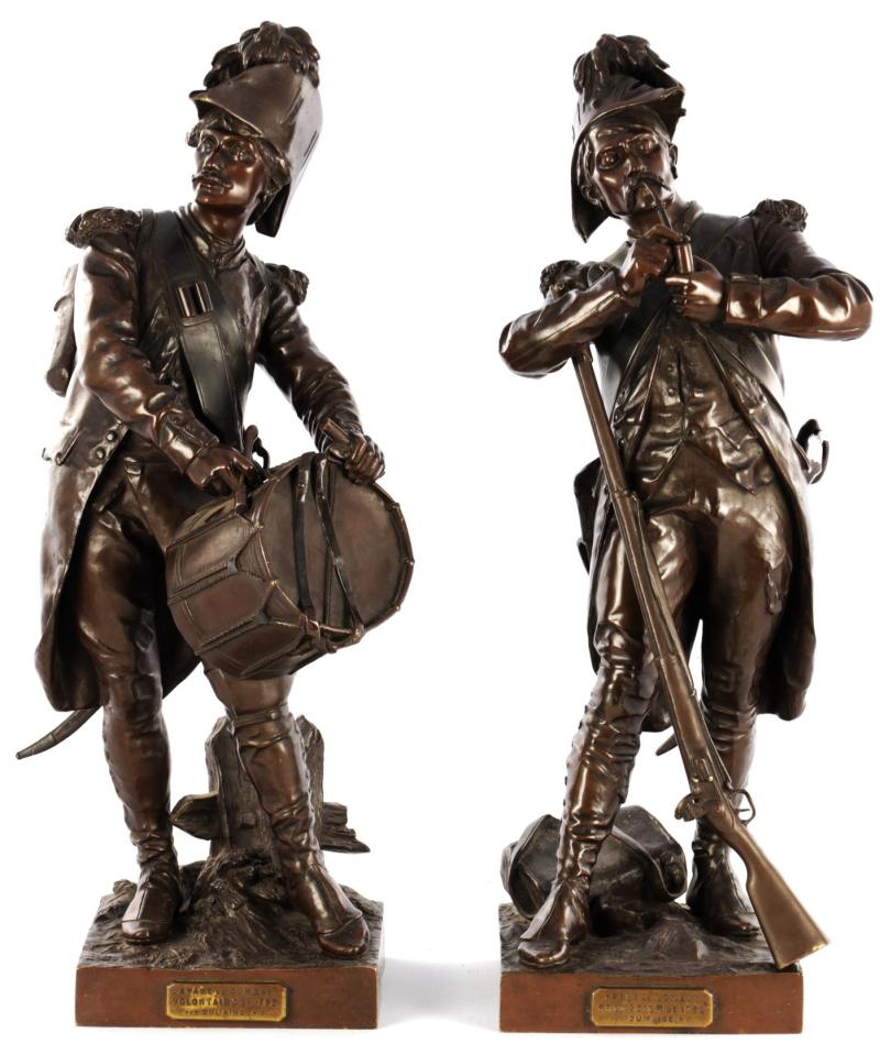 Magnificent Large Pair of Antique,19th Century French Napoleonic Bronzes of 'Old Guard' Soldiers, a Drummer & Grenadier.'Avant le Combat' & 'Apres le Combat' Henri Dumaige. French Soldiers Often Referred to Napoleon's Old Guard as