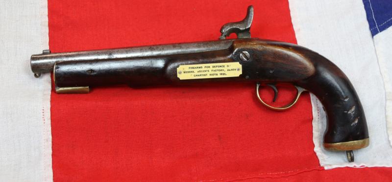 A Rare, Very Early, 19th Century 'Pre-Worker's Union' British 'General Strike' Period Pistol, 19th Century Percussion Pistol With A 'Chartist Riot' Factory Armoury Label. Used in the 1842 General Strike, Also Known As 'The Plug Riots'