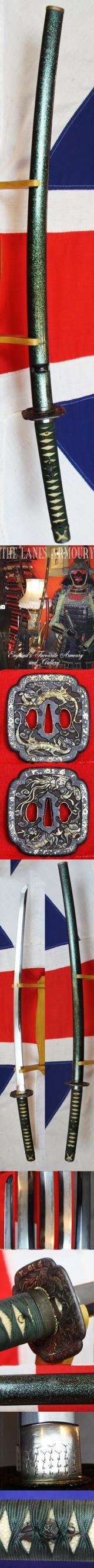 A Stunning Kunitake Early Shinto Katana With All Original Very Fine Edo Period Koshirae & A Finest Quality Kagonami, Nanban, Kirin, Phoenix & Dragons Kiyou-Tojin Tsuba, Inlaid with Solid Silver and Gold, Nagasaki-he Gairaishita Chukokujin no Saku