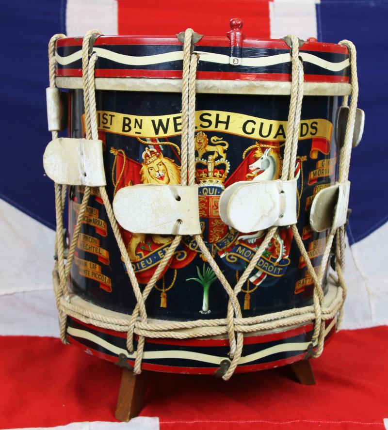 A Good 1950's, Hand Painted, Early ERII Regimental Drum of The 1st battalion Welsh Guards with Regimental Crest and Battle Honours