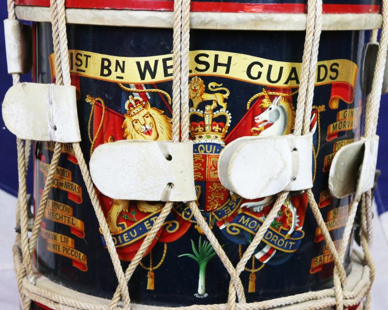 A Good 1950's, Hand Painted, Early ERII Regimental Drum of The 1st battalion Welsh Guards with Regimental Crest and Battle Honours