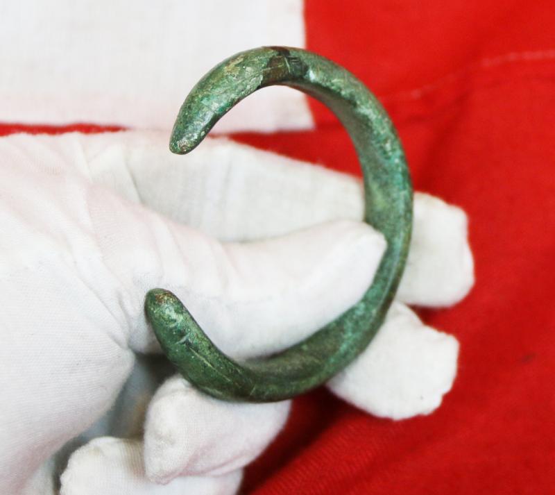 A Most Attractive, Serpent, Bronze Age Power Bracelet, Armilla, & Arm Ring. A Fabulous 1000 B.C. Arm Adornment, With Most Beautiful Natural Aged Patination Colour of Rich Emerald Green, In Superb Condition With Substantial Heft & Gravitas